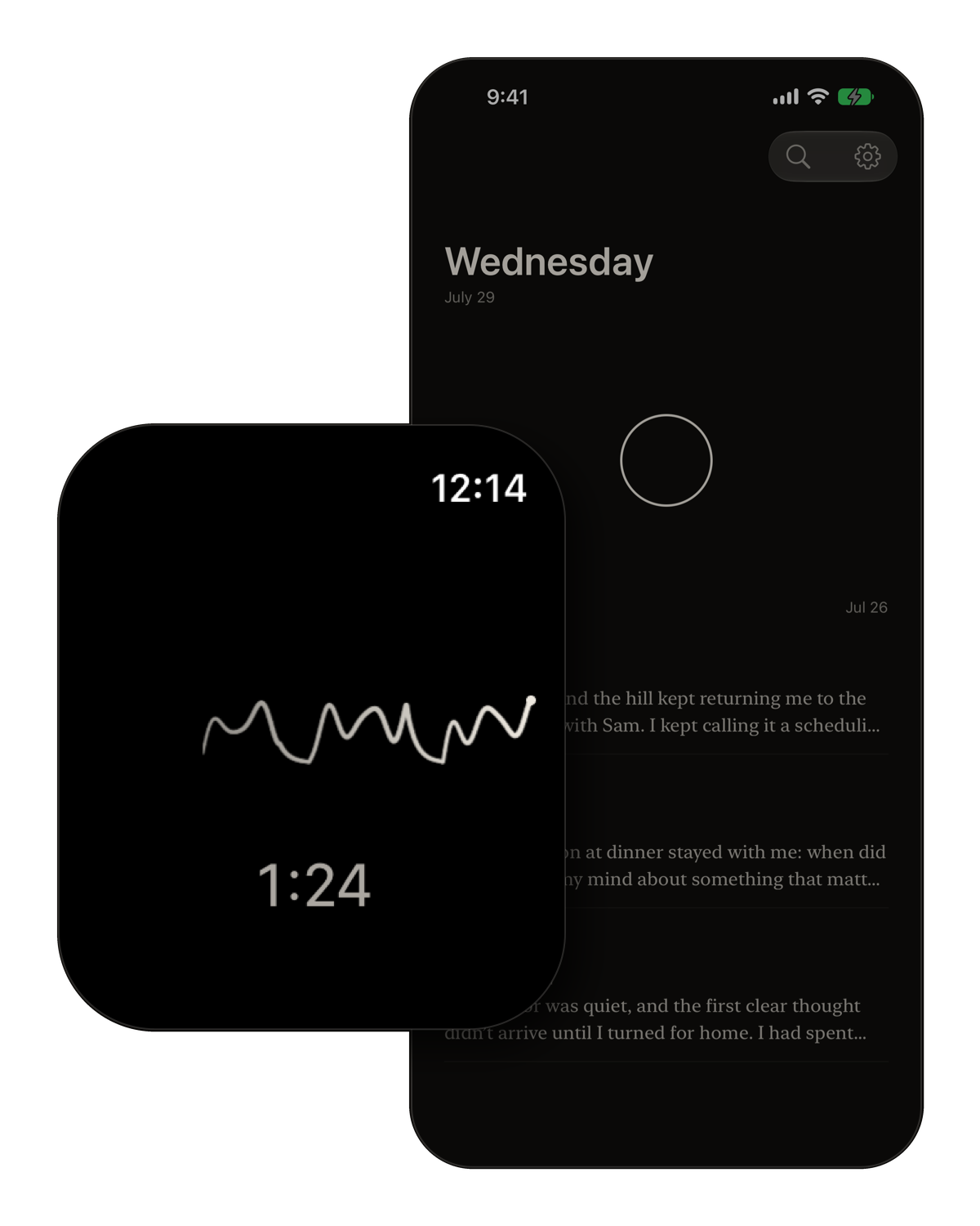 Fieldnote recording on Apple Watch beside a private journal timeline on iPhone.
